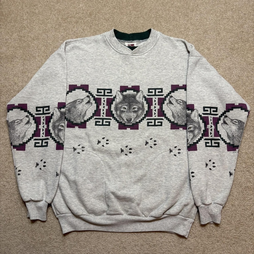 Vtg Art Unlimited Wolf Sweatshirt Medium Gray Paw Wrap Around Graphic USA 90s